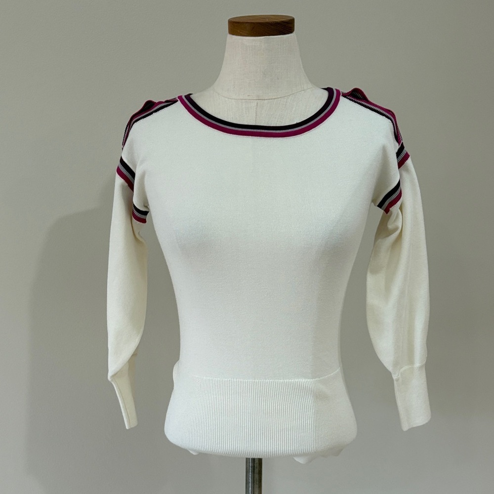 Nwt Karen Millen Ivory Knit Sweater Pink Merlot Grey Accents Cold Shoulder Xs — image 2 of 8